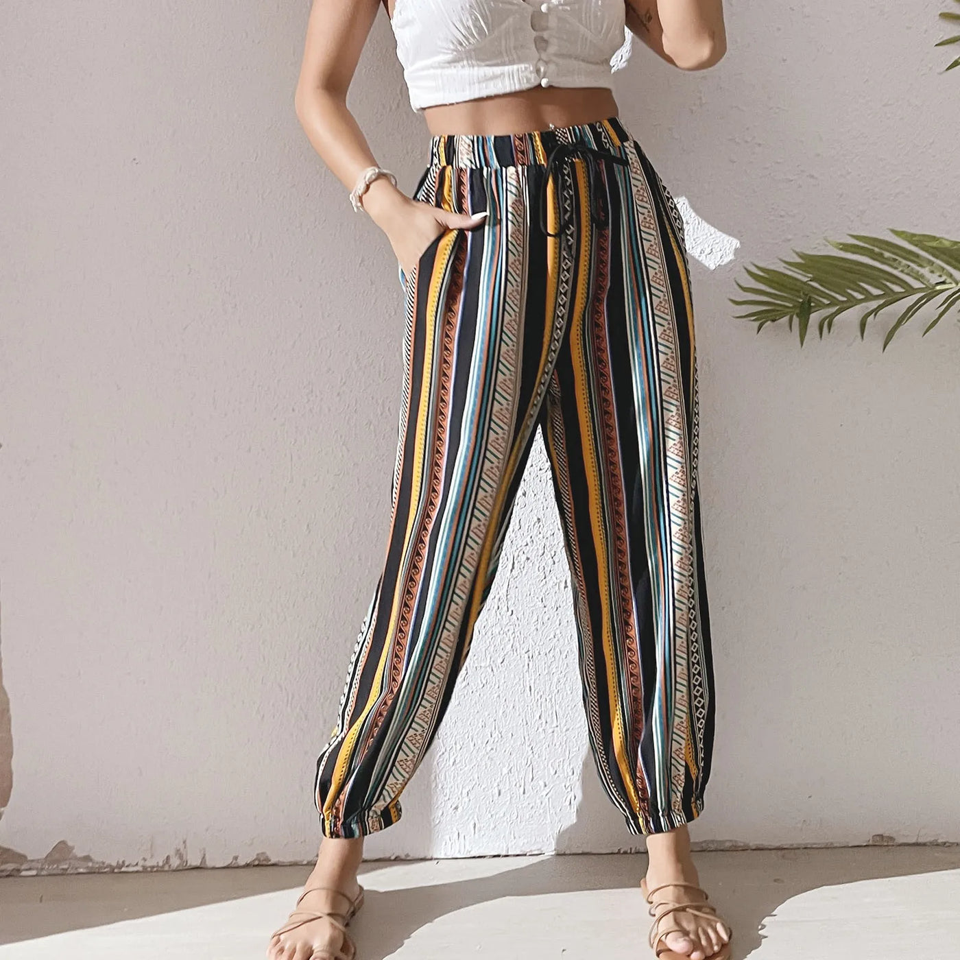Striped Tie-Front Palazzo Pants